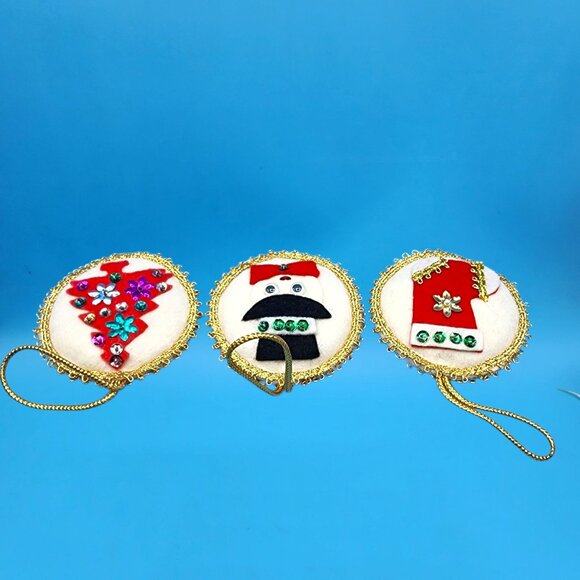 Vintage Felt Christmas Ornaments Set • Snowman w/ Googly Eyes • Beaded Tree • Se - Picture 9 of 10